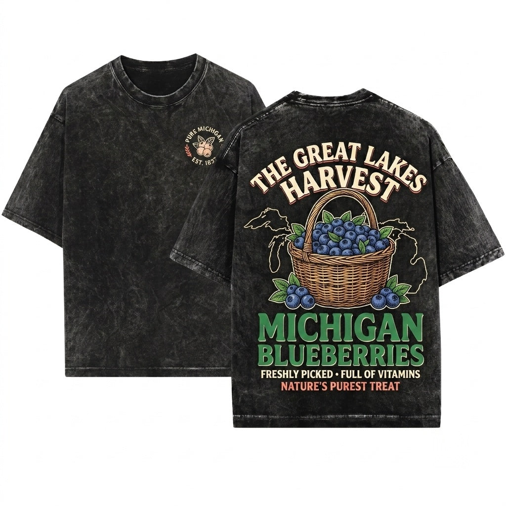Michigan Summer Blueberries Graphic Apparel Unisex Wash T-Shirt