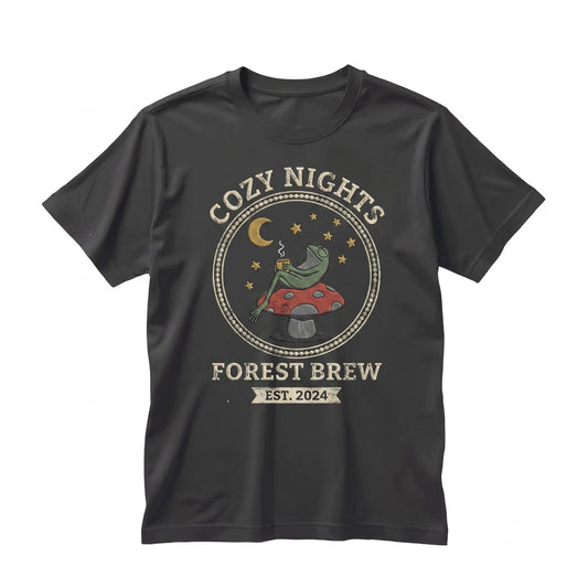 Whimsical Embroidered Frog on Mushroom Under Stars Cottagecore Autumn Toad Lover Cozy Fall Gift Apparel Unisex TShirt
