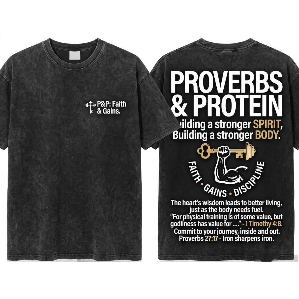 Proverbs and Protein Funny Faith Gym Fitness Athletic Graphic Apparel Unisex Wash T-Shirt