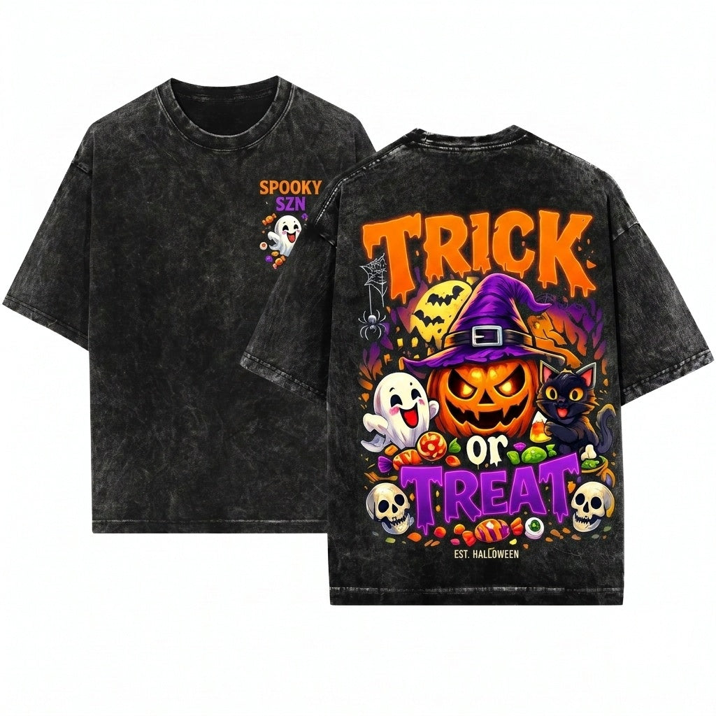Trick or Treat Halloween Pumpkin Ghost Graphic Spooky Season Unisex Wash T-Shirt