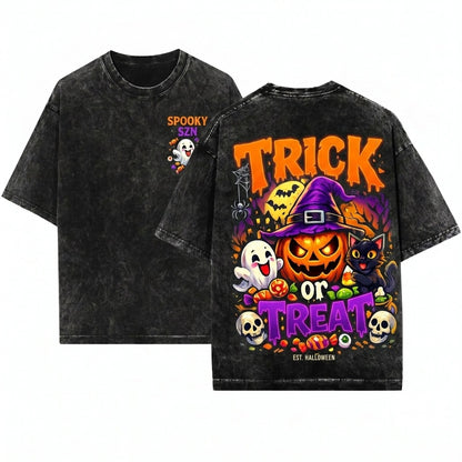 Trick or Treat Halloween Pumpkin Ghost Graphic Spooky Season Unisex Wash T-Shirt