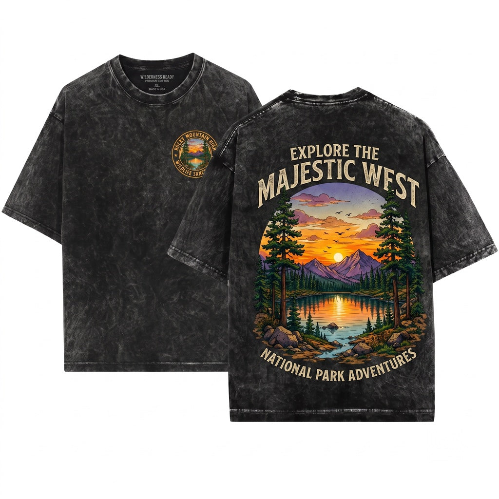 Vintage Mountain Lake Sunset Pine Forest Nature Rustic Wilderness Outdoor Graphic Gift Unisex Wash T-Shirt