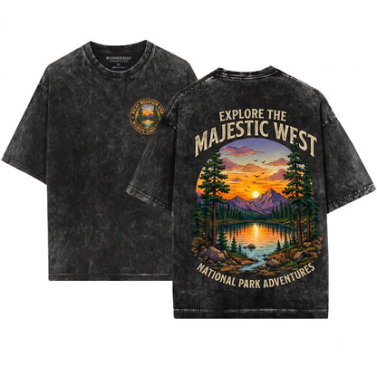 Vintage Mountain Lake Sunset Pine Forest Nature Rustic Wilderness Outdoor Graphic Gift Unisex Wash T-Shirt