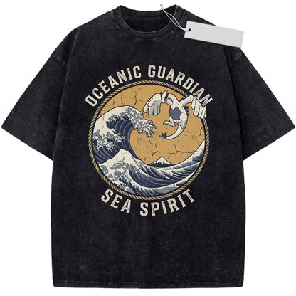 Lugia Vintage Wash Great Wave Japanese Ukiyo-e Anime Inspired Retro Oversized Streetwear Graphic Unisex TShirt
