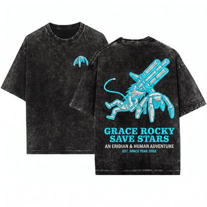 Project Hail Mary Grace Rocky Embroidered Crewneck Save Stars Trio Sci Fi Space Apparel Gift Movie Fan Unisex Wash T-Shirt