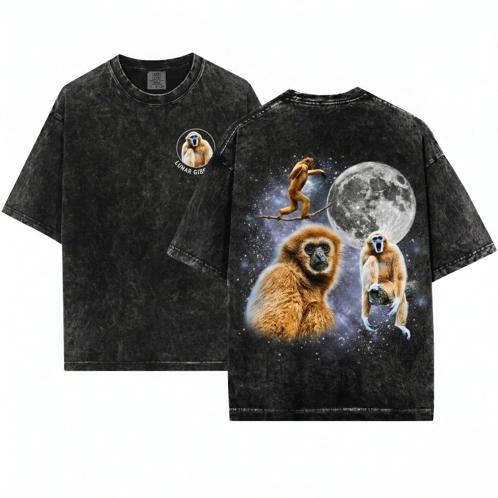 Three Gibbon Retro Moon Vintage Graphic Lovers Funny Monkey Silly Gift Oversized Unisex Wash T-Shirt
