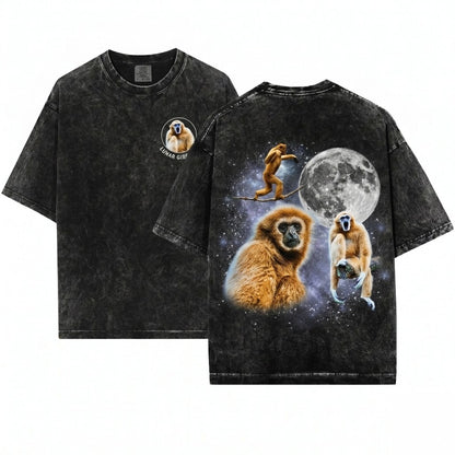 Three Gibbon Retro Moon Vintage Graphic Lovers Funny Monkey Silly Gift Oversized Unisex Wash T-Shirt