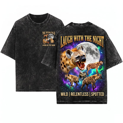 Retro Three Spotted Hyena Moon Graphic Oversized Funny Animal Nature Wildlife Gift for Him Her Unisex Wash T-Shirt