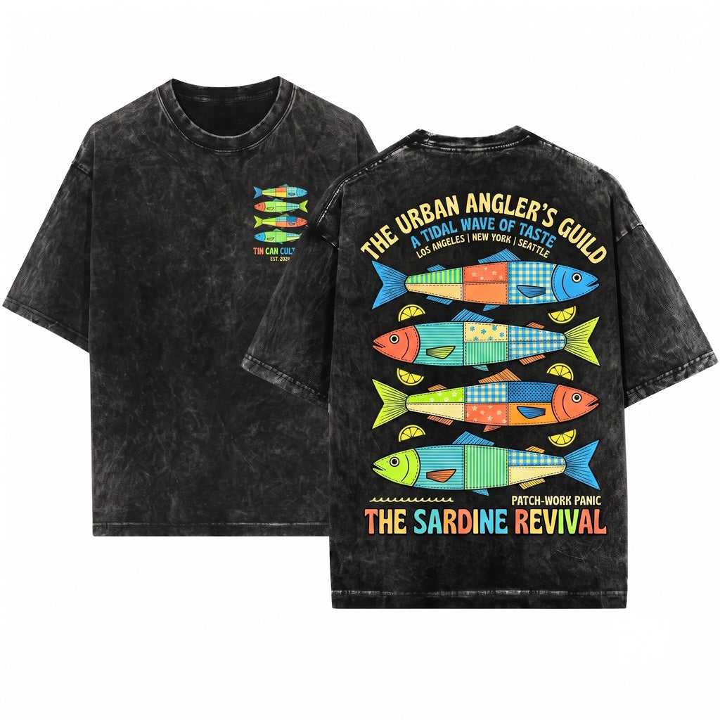 Summer Patchwork Sardine Fish Beach Unisex Wash T-Shirt