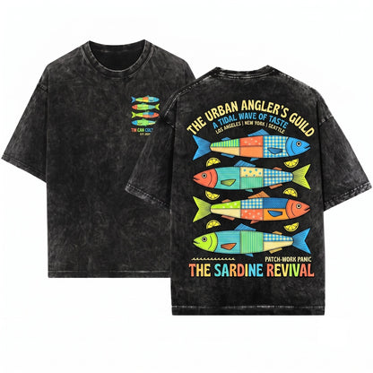 Summer Patchwork Sardine Fish Beach Unisex Wash T-Shirt