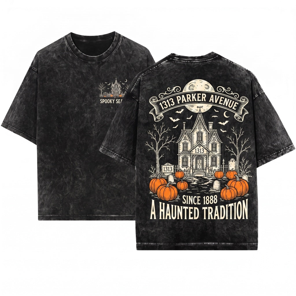 Custom Personalized Embroidered Haunted House Gothic Family Name Number Halloween Spooky Gift Crewneck Sweatshirt Unisex Wash