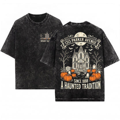 Custom Personalized Embroidered Haunted House Gothic Family Name Number Halloween Spooky Gift Crewneck Sweatshirt Unisex Wash