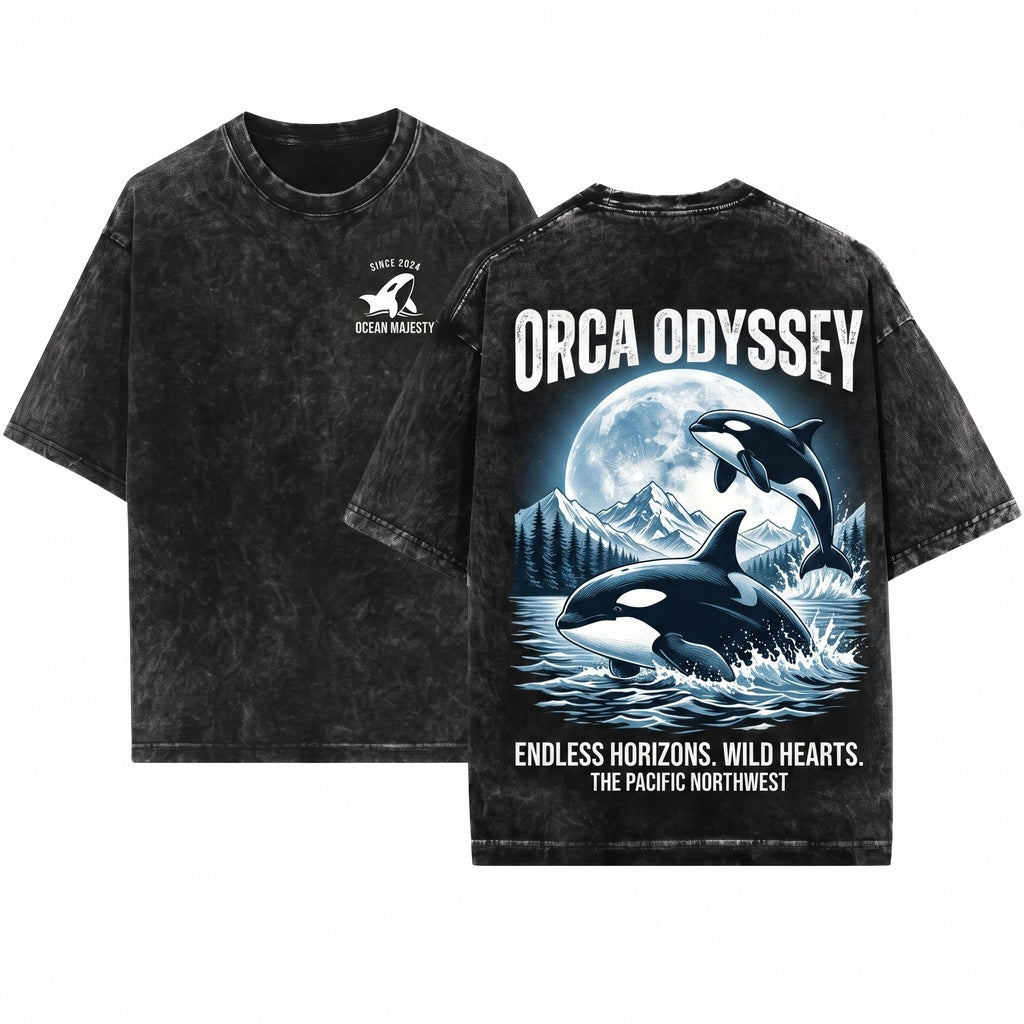 Old School Orca Graphic Moonlit Ocean Animal Retro Coastal Nature Style Marine Gift Unisex Wash T-Shirt
