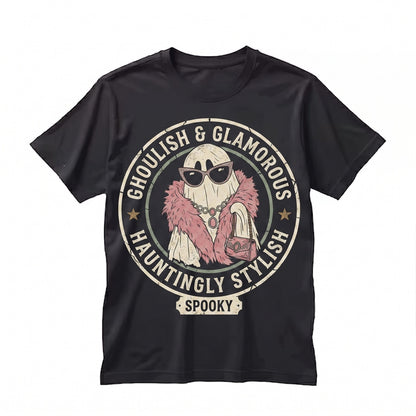 Spooky Ghost with Feather Boa Cute Halloween Womens Fall Season Graphic Unisex TShirt