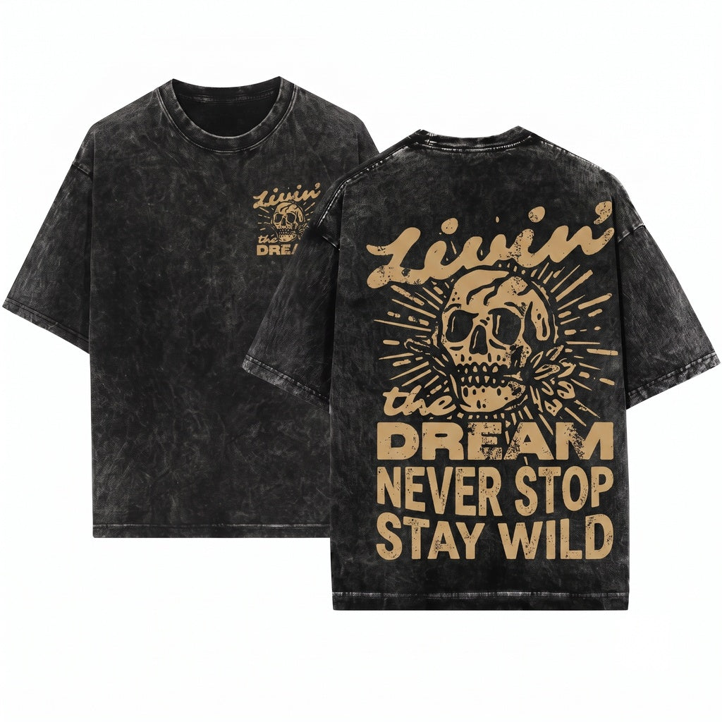 Livin the Dream Funny Sarcastic Adult Humor Retro Grunge Floral Skull Skeleton Unisex Wash T-Shirt