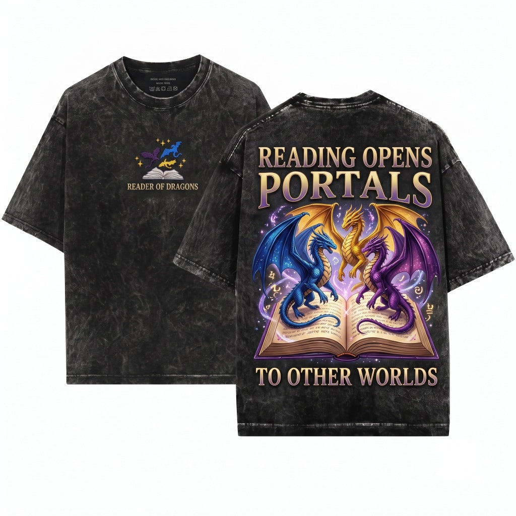 Embroidered Fantasy Dragons And Book Pages Unisex Wash T-Shirt