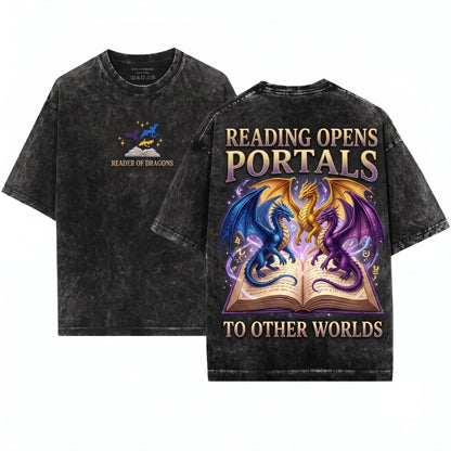 Embroidered Fantasy Dragons And Book Pages Unisex Wash T-Shirt