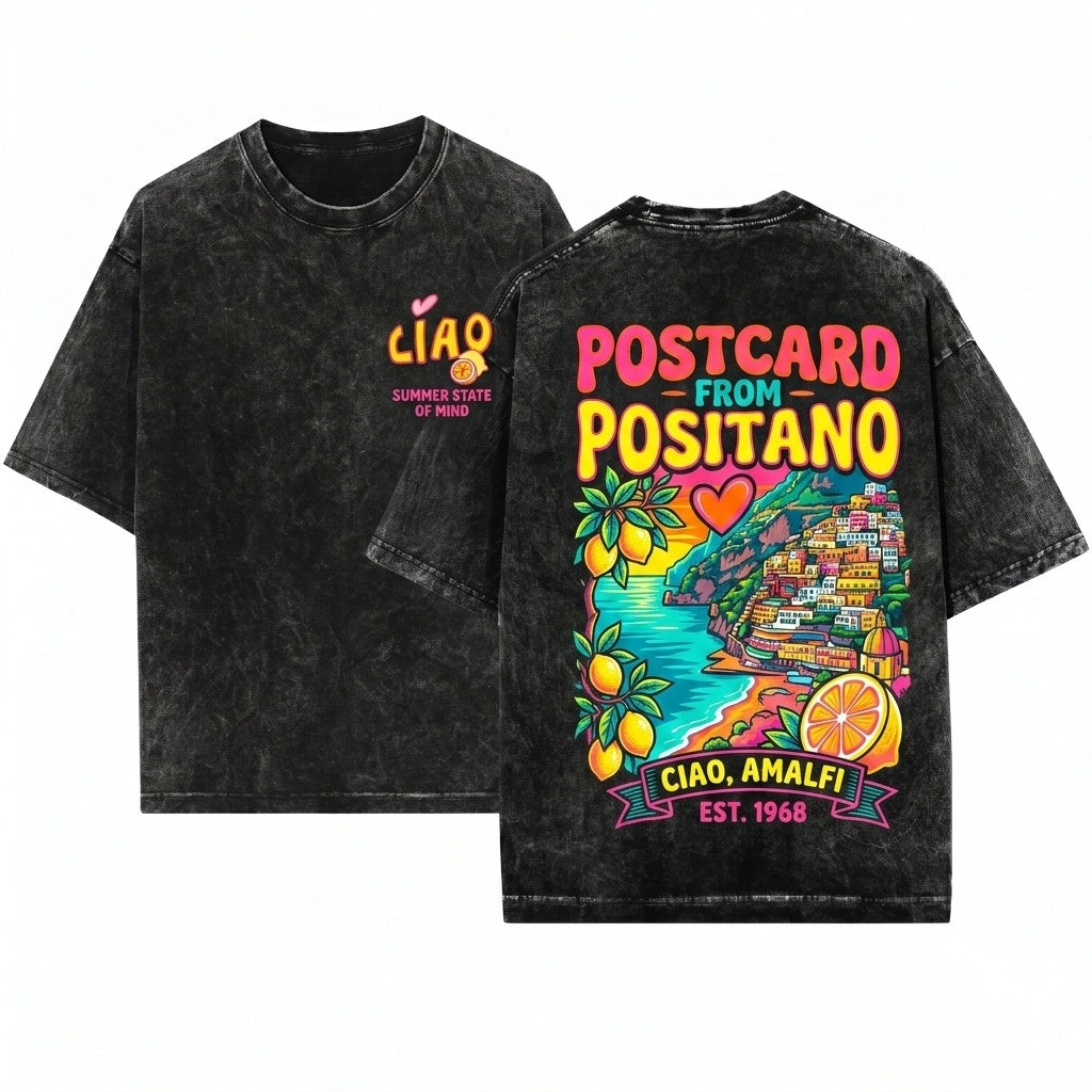 Ciao Lemon Graphic Italian Summer Citrus Print Vintage Crewneck Short Sleeve Unisex Wash T-Shirt