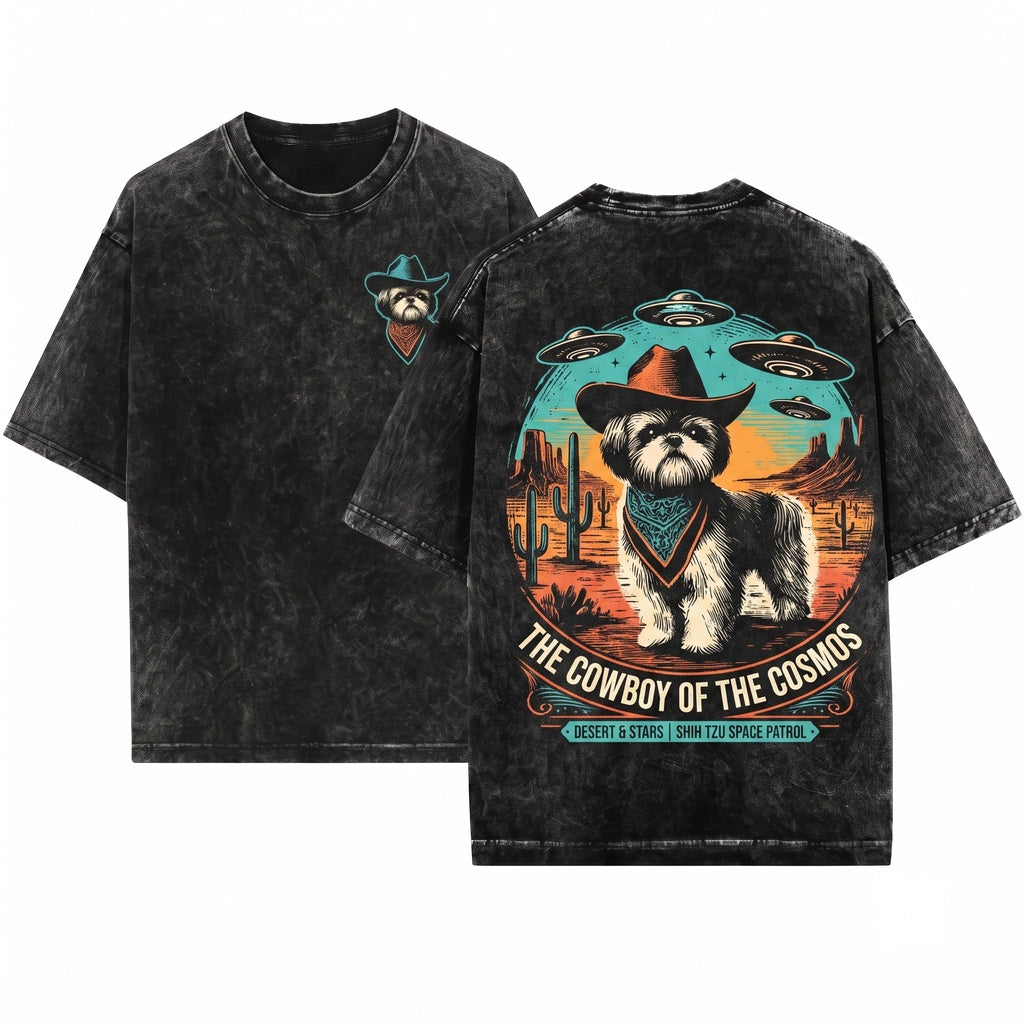 Vintage Western Cowboy Shih Tzu UFO Alien Retro Funny Dog Lovers Gift Mom Dad Unisex Wash T-Shirt