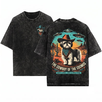 Vintage Western Cowboy Shih Tzu UFO Alien Retro Funny Dog Lovers Gift Mom Dad Unisex Wash T-Shirt