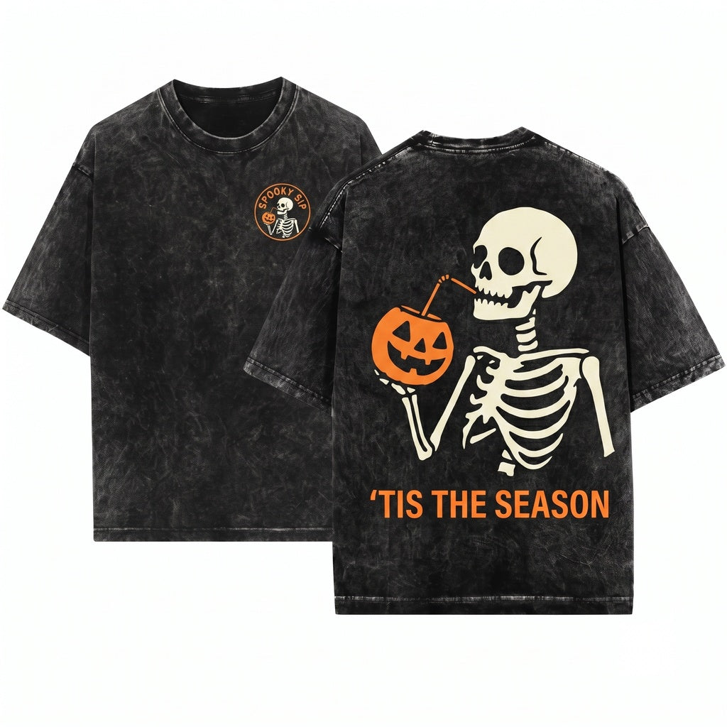 Tis The Season Skeleton Pumpkin Halloween Summerween Fall Unisex Wash T-Shirt