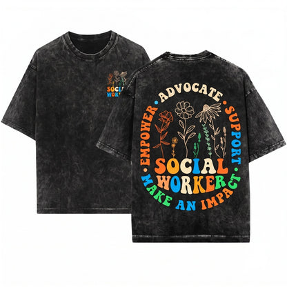 Retro Groovy School Social Work Gift Crewneck Apparel Unisex Wash T-Shirt