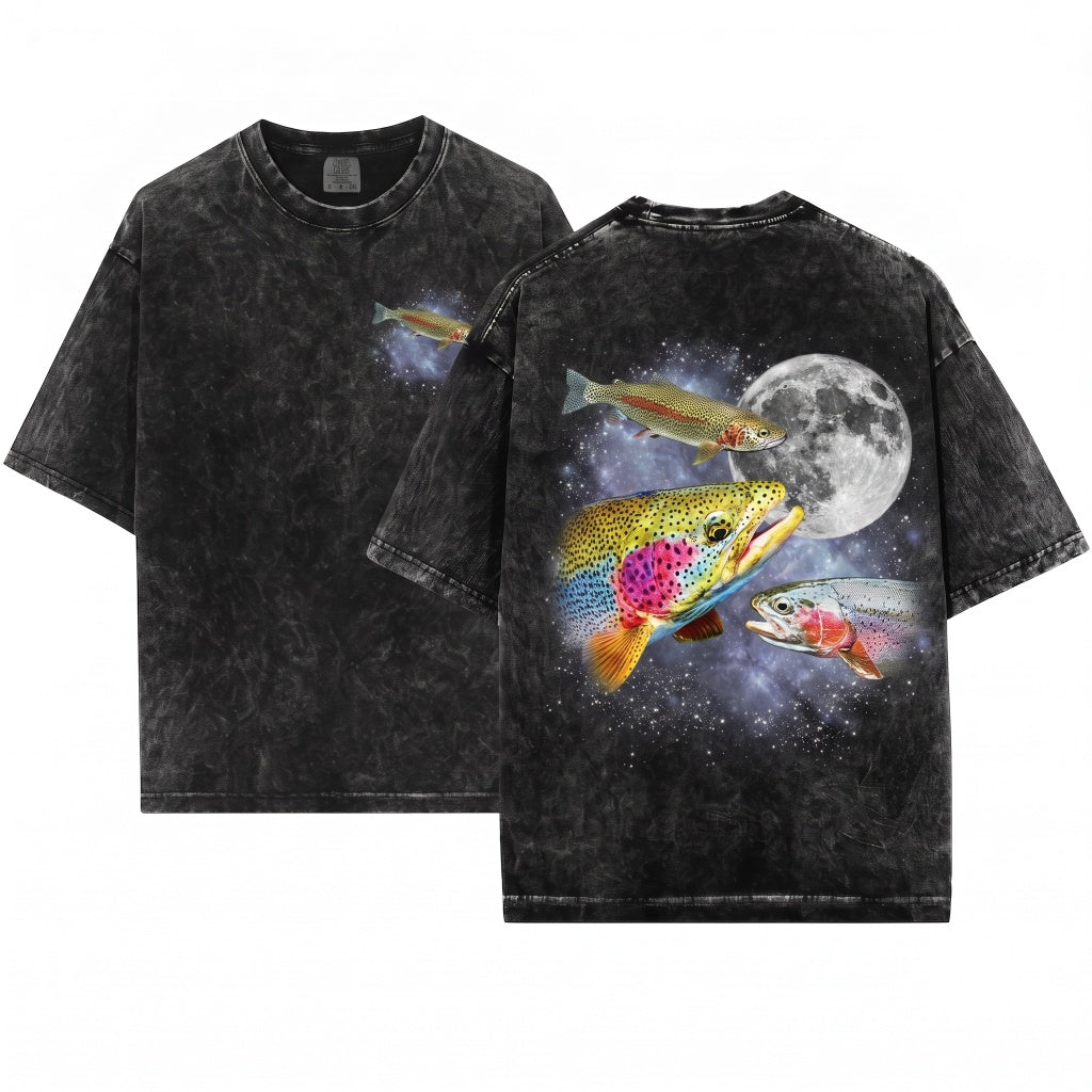 Three Rainbow Trout Moon Oncorhynchus Mykiss Galaxy Fishing Hobbyist Retro Angler Graphic Gift Unisex Wash T-Shirt