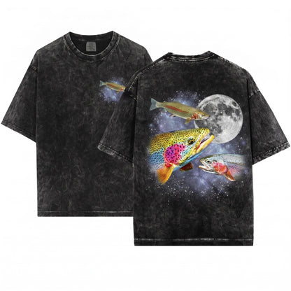 Three Rainbow Trout Moon Oncorhynchus Mykiss Galaxy Fishing Hobbyist Retro Angler Graphic Gift Unisex Wash T-Shirt
