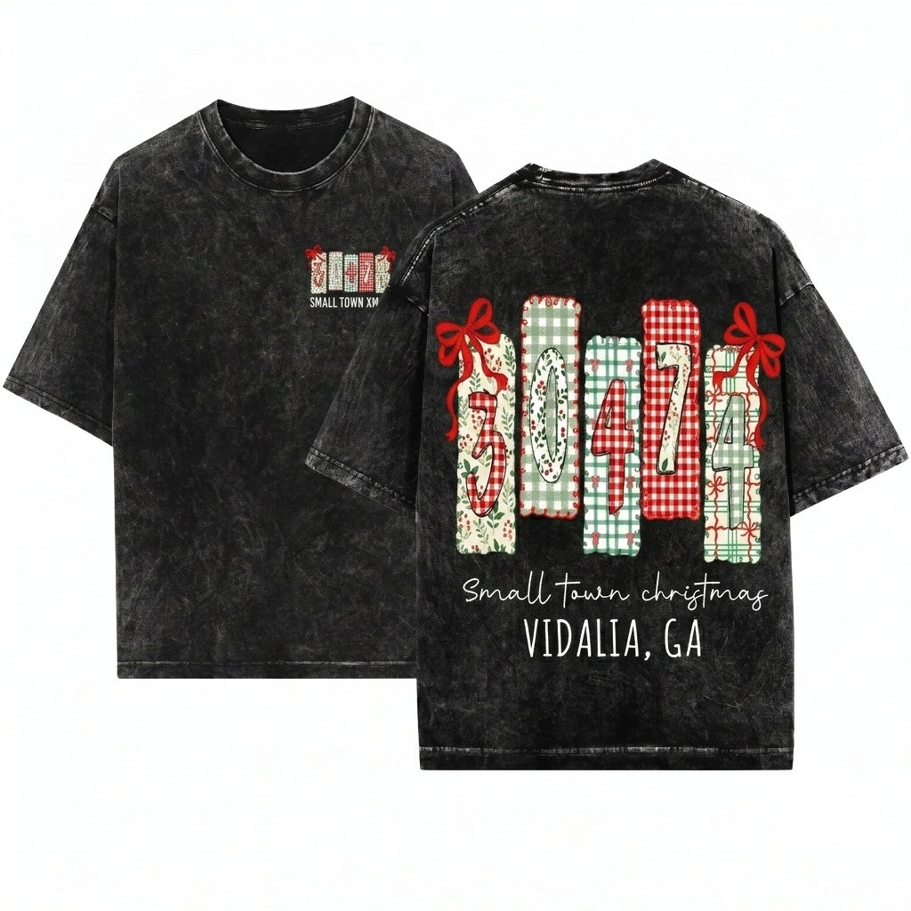 Red Preppy Coquette Small Town Christmas Custom Zipcode State Doodle Png Graphic Unisex Wash T-Shirt