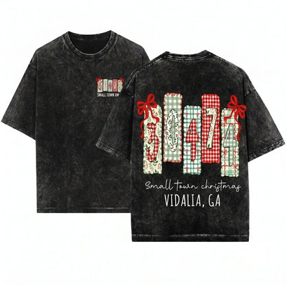 Red Preppy Coquette Small Town Christmas Custom Zipcode State Doodle Png Graphic Unisex Wash T-Shirt