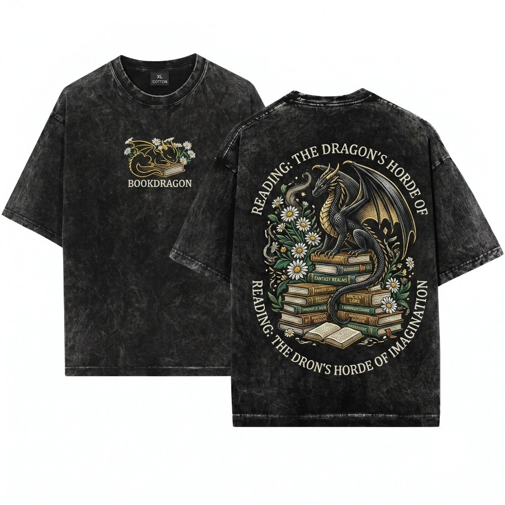 Dragon Daisies Embroidered Book Lover Cozy Gildan 18000 Gift Unisex Wash T-Shirt