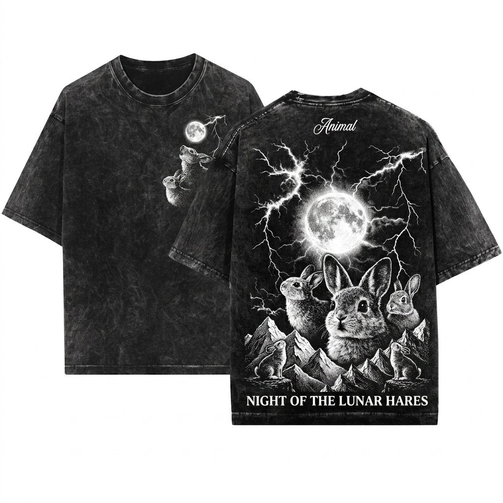Dark Gothic Bunny Howling Moon Silly Rabbit Easter Vintage 90s Animal Apparel Unisex Wash T-Shirt