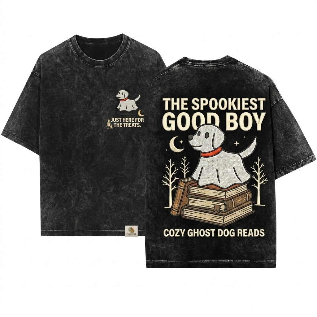Embroidered Cute Ghost Dog Spooky Halloween Cozy Fall Boo Basket Gift 1717 Unisex Wash T-Shirt