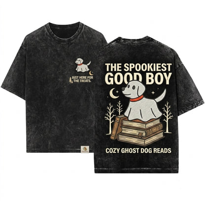 Embroidered Cute Ghost Dog Spooky Halloween Cozy Fall Boo Basket Gift 1717 Unisex Wash T-Shirt