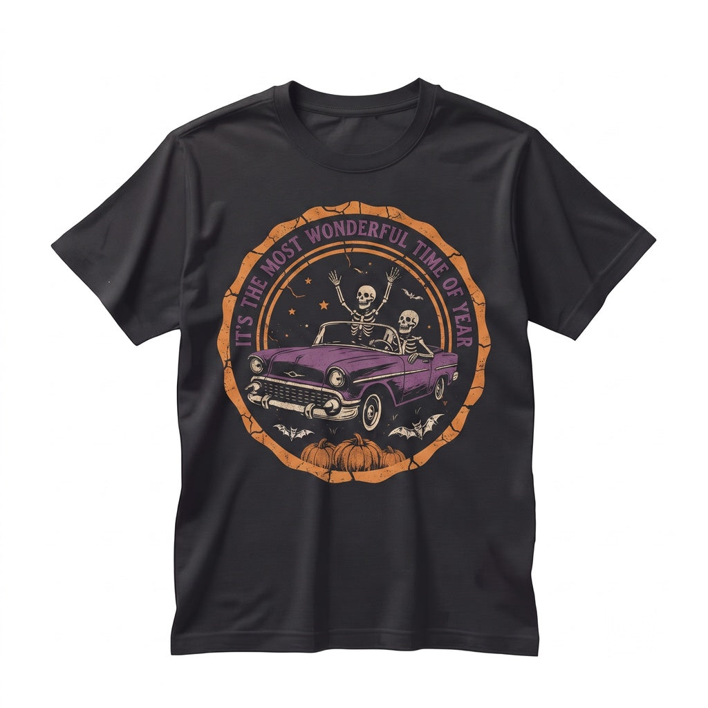 Vintage Halloween Skeleton Car Funny Spooky Season Retro Gothic Graphic Unisex TShirt