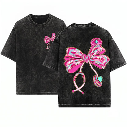 Cute Pink Brushstroke Nurse Stethoscope Heart Graphic Medical Bow Valentine Unisex Wash T-Shirt
