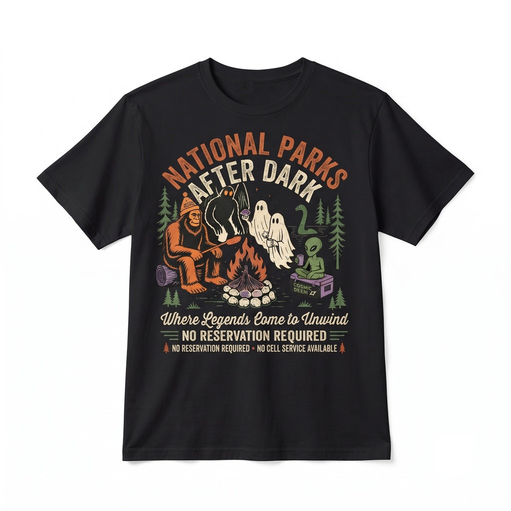Wilderness Park Cryptid Camping Bigfoot Mothman Ghost Alien Graphic Unisex TShirt