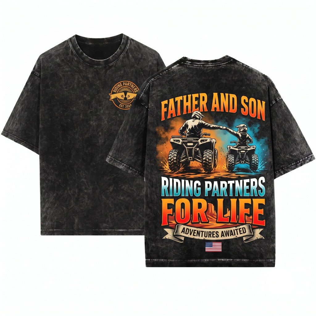 Father Son Riding Partners For Life ATV Quad Off Road Four Wheeler Trail Adventure Family Graphic Apparel Unisex Wash T-Shirt