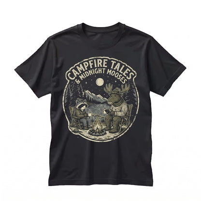 Vintage Camping Wildlife Graphic Moose Raccoon Campfire Cozy Outdoor Adventure Nature Gift Unisex TShirt