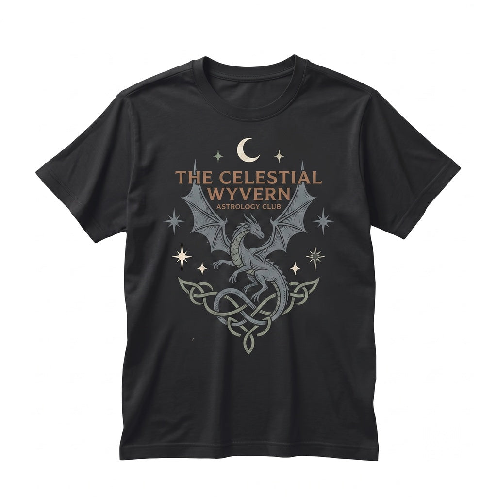 Embroidered Moon and Dragon Fantasy Bookish Celestial Witch Vibes Gothic Graphic Apparel Unisex TShirt