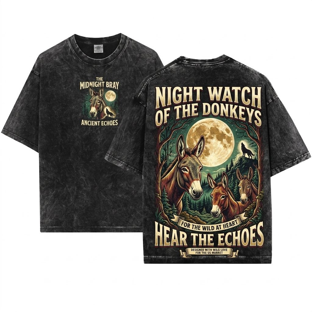 Vintage Donkey Full Moon Retro Graphic Apparel Three Animals Lover Farmer Gift 90s Unisex Wash T-Shirt