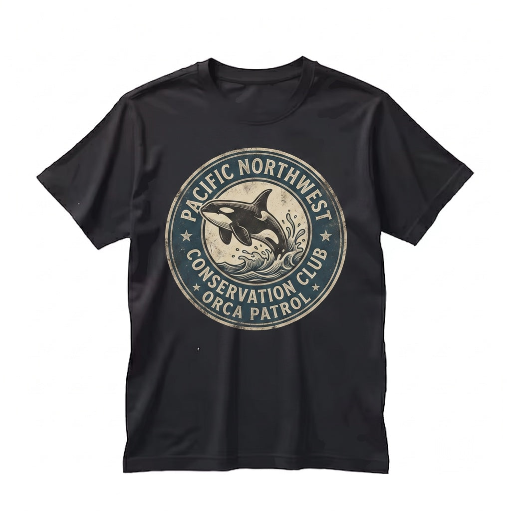 Embroidered Orca Whale Waves Ocean Beach Pacific Northwest Seattle Summer Oversized Gifts for Women Unisex TShirt