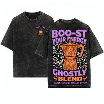 Freshly Bood Spooky Cute Ghost Skeleton Coffee Lover Halloween Gift Unisex Wash T-Shirt