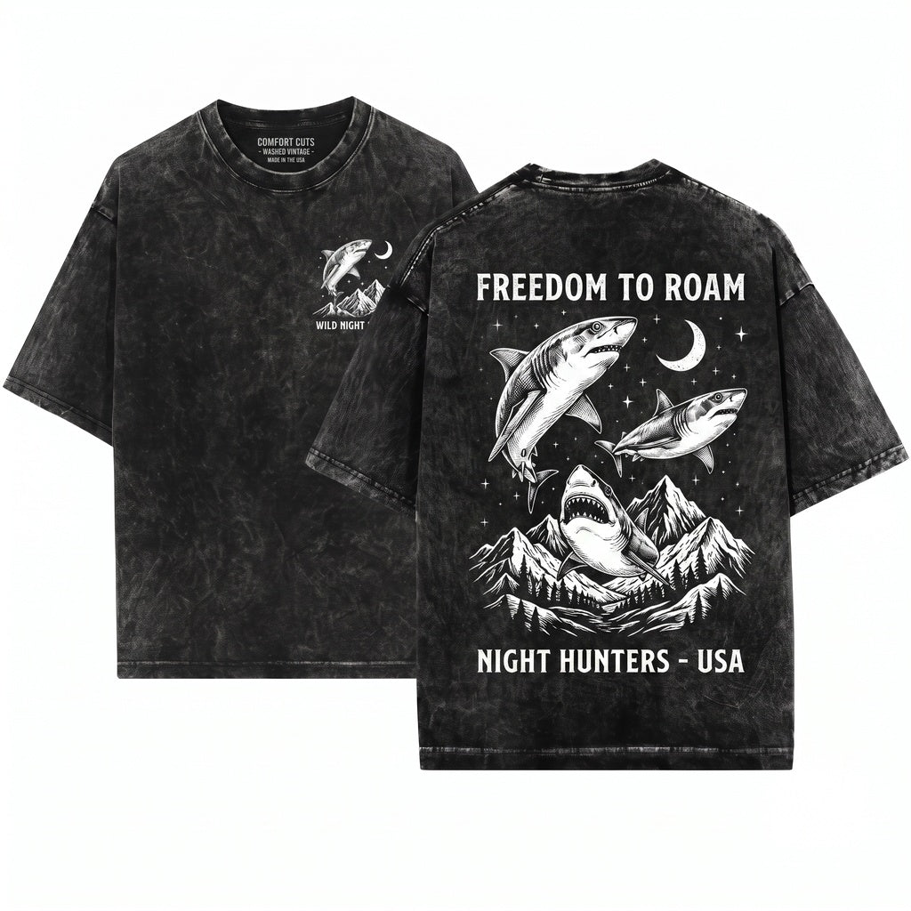 Mystic Shark Moonlit Ocean Wildlife Vintage Nature Adventure Marine Graphic Unisex Wash T-Shirt