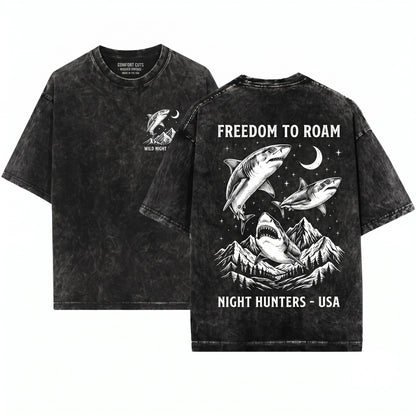 Mystic Shark Moonlit Ocean Wildlife Vintage Nature Adventure Marine Graphic Unisex Wash T-Shirt