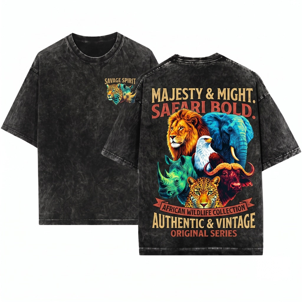Retro African Safari Big Five Wildlife Vintage Nature Explorer Animal Gift Unisex Wash T-Shirt