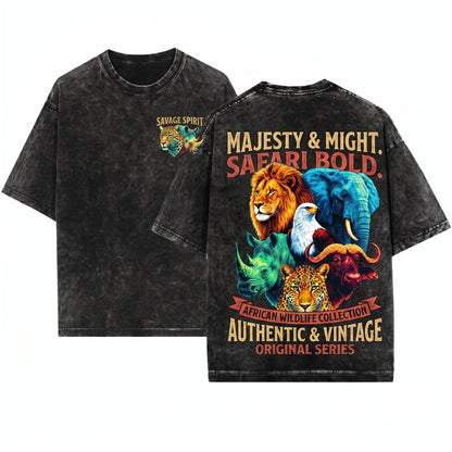 Retro African Safari Big Five Wildlife Vintage Nature Explorer Animal Gift Unisex Wash T-Shirt