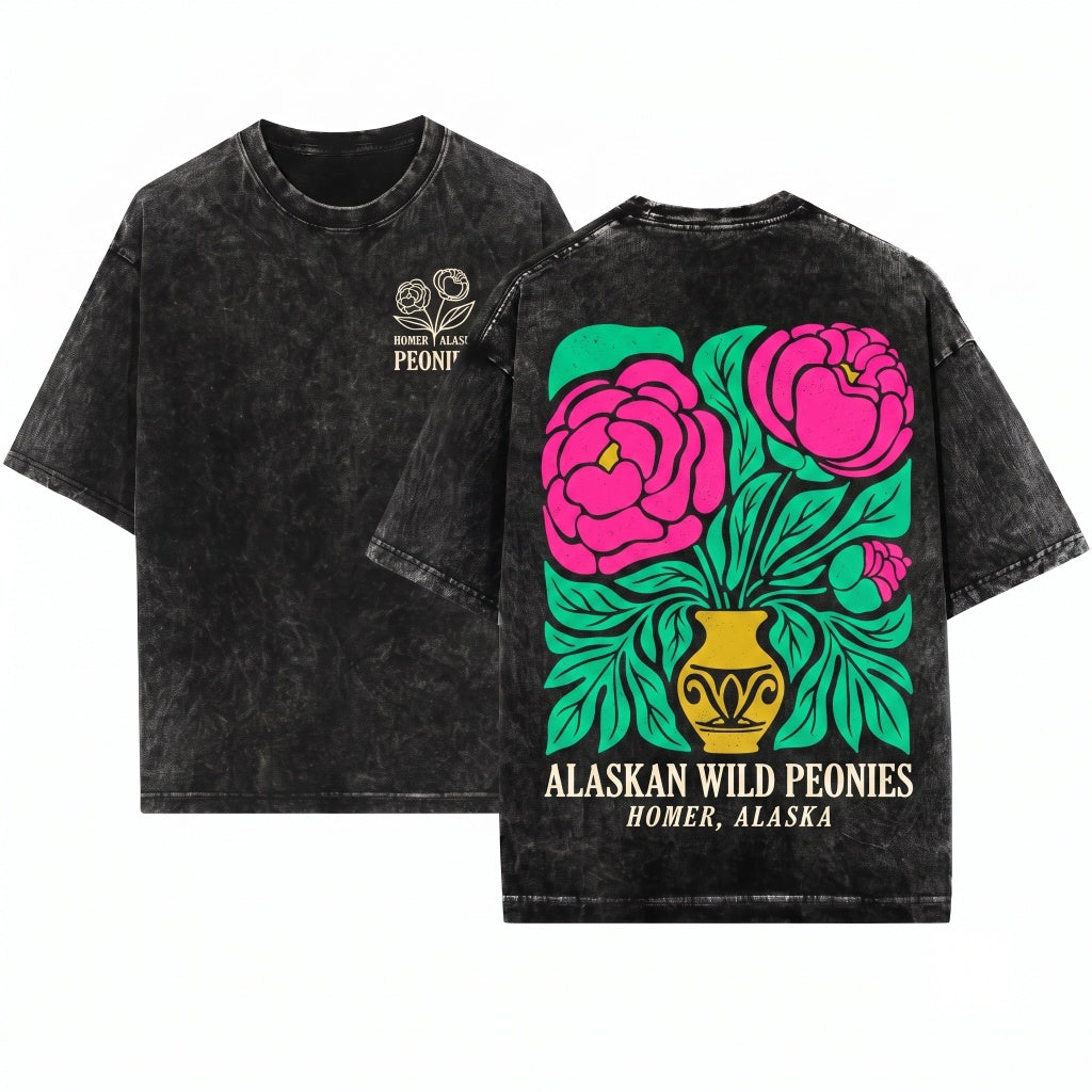 Peonies Floral Graphic Vintage Peony Flower Printed Top Unisex Wash T-Shirt