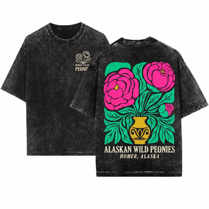 Peonies Floral Graphic Vintage Peony Flower Printed Top Unisex Wash T-Shirt