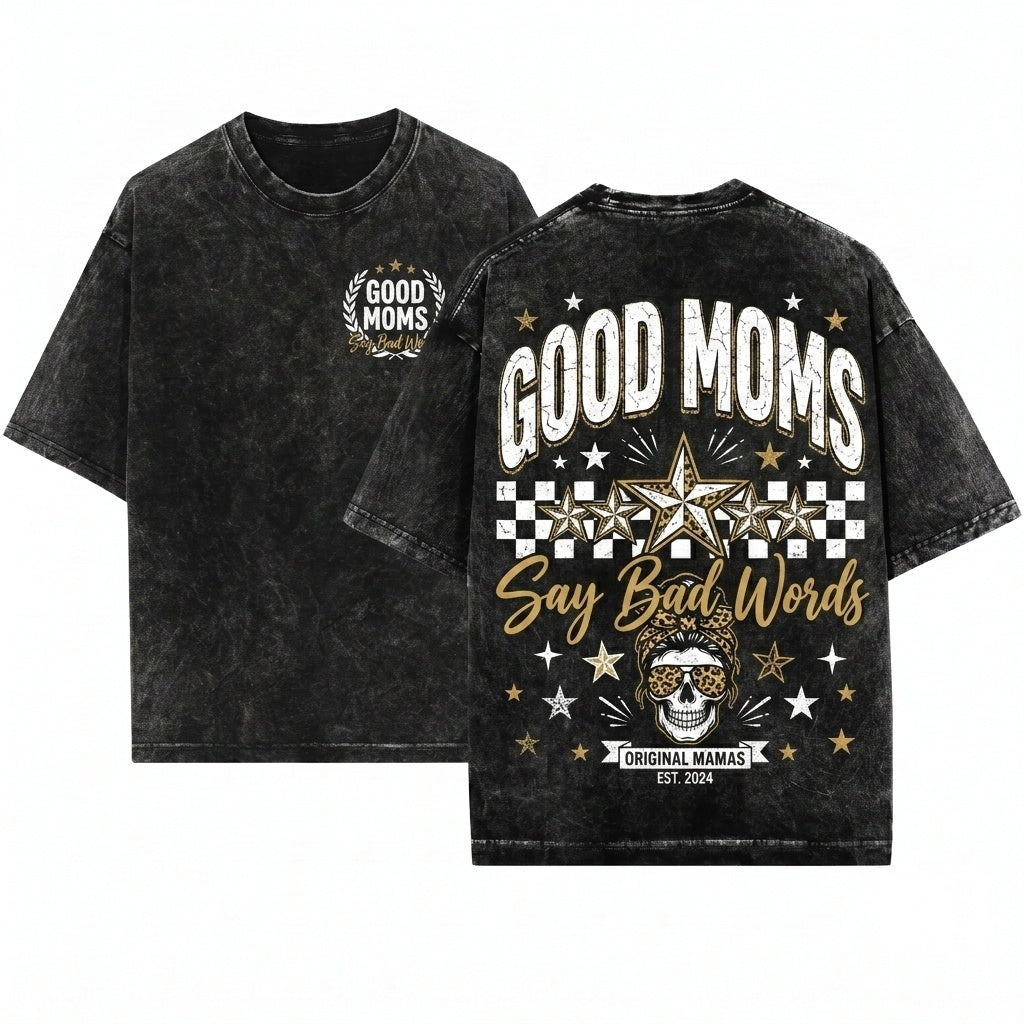 Leopard Good Moms Say Bad Words Funny Quote Checkered Mama Trendy Edgy Mothers Day Sublimation Graphic Apparel Unisex Wash T-Shirt